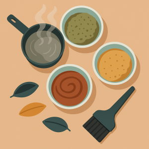 Mezclas vegetales en cuencos con pincel y vapor de agua listas para tintes naturales.