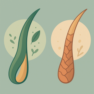 Comparación abstracta entre fibra capilar protegida con vegetales y otra dañada por químicos.