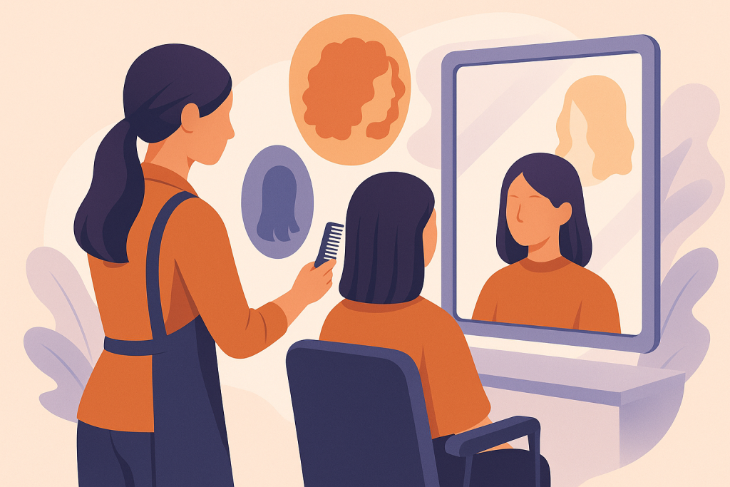 Estilista analizando distintos tipos de cabello en un entorno de salón moderno.