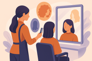 Estilista analizando distintos tipos de cabello en un entorno de salón moderno.
