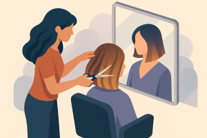 Estilista diseñando un corte según visagismo y proporciones faciales.