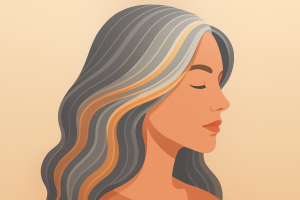 mujer con cabello mezclado en tonos naturales y plateados ilustrando la integración de canas con mechas.