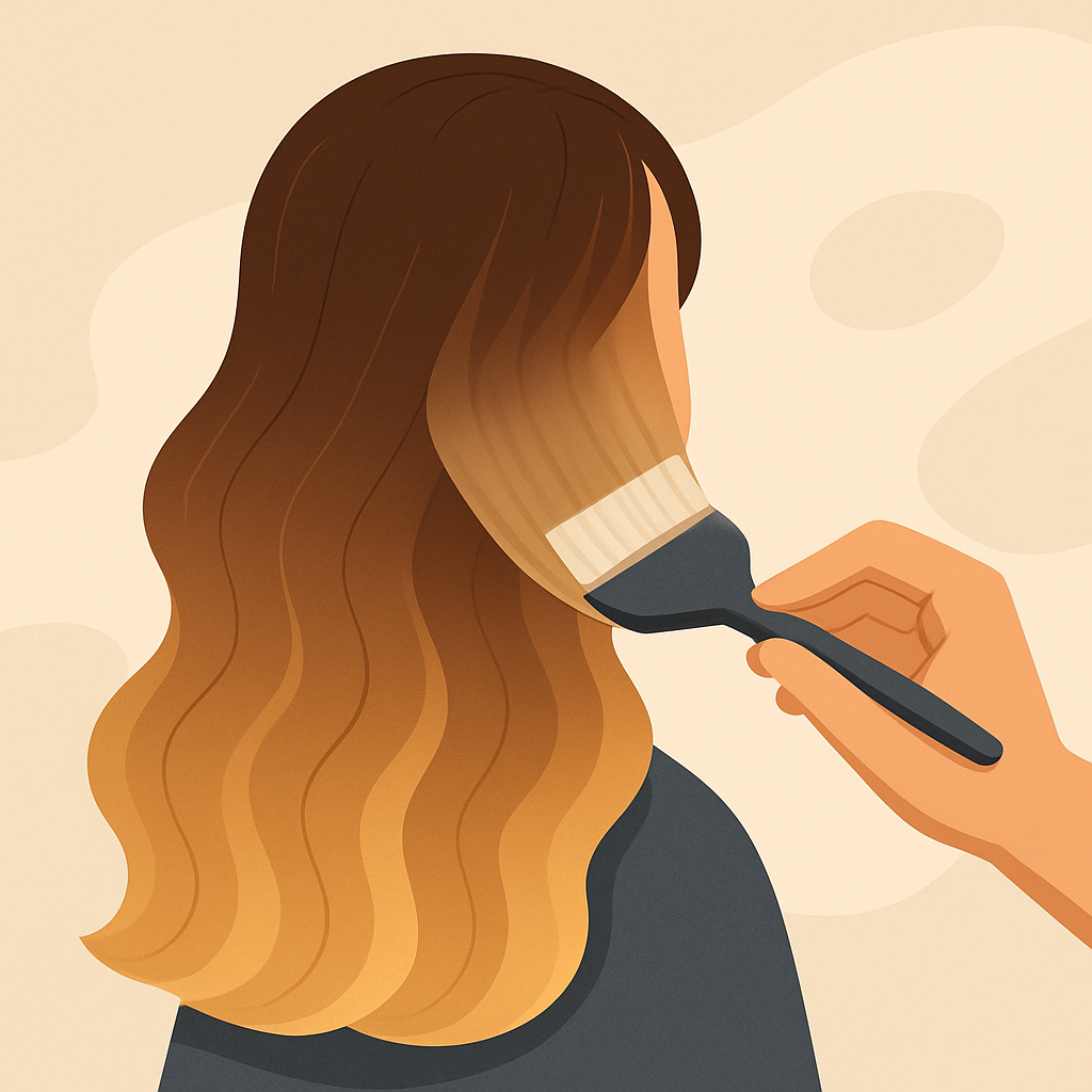 Cabello con transición de color suave aplicado con pincel profesional en estilo isométrico.